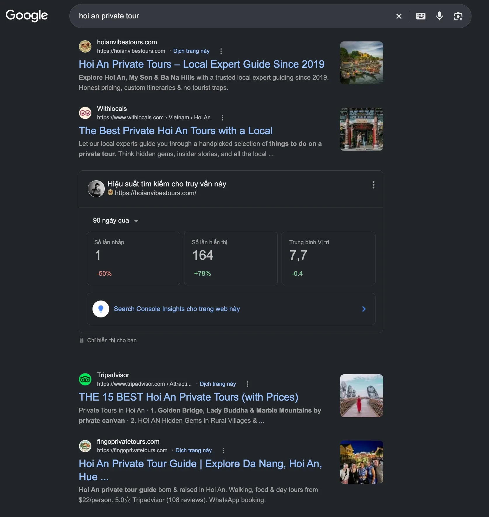 A Google results page for 'hoi an private tour' with hoianvibestours.com as the first result, above Withlocals and Tripadvisor, with a private Search Console card for the homepage showing 1 click, 164 impressions up 78% and an average position of 7.7 over 90 days