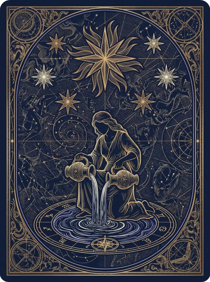 The Star tarot card rendered in Engraved Celestial Etching style — a kneeling figure pouring water under a gold eight-pointed star, navy and gold linework