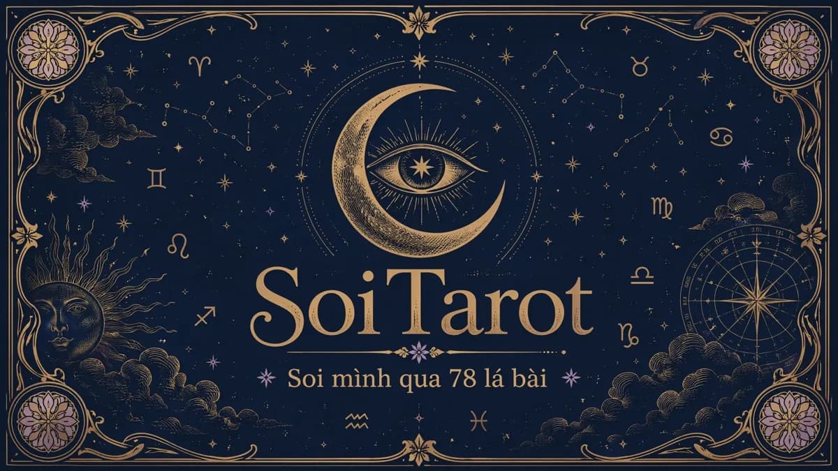 SoiTarot's real brand mark — the crescent-eye moon logo and wordmark, gold and lavender on near-black