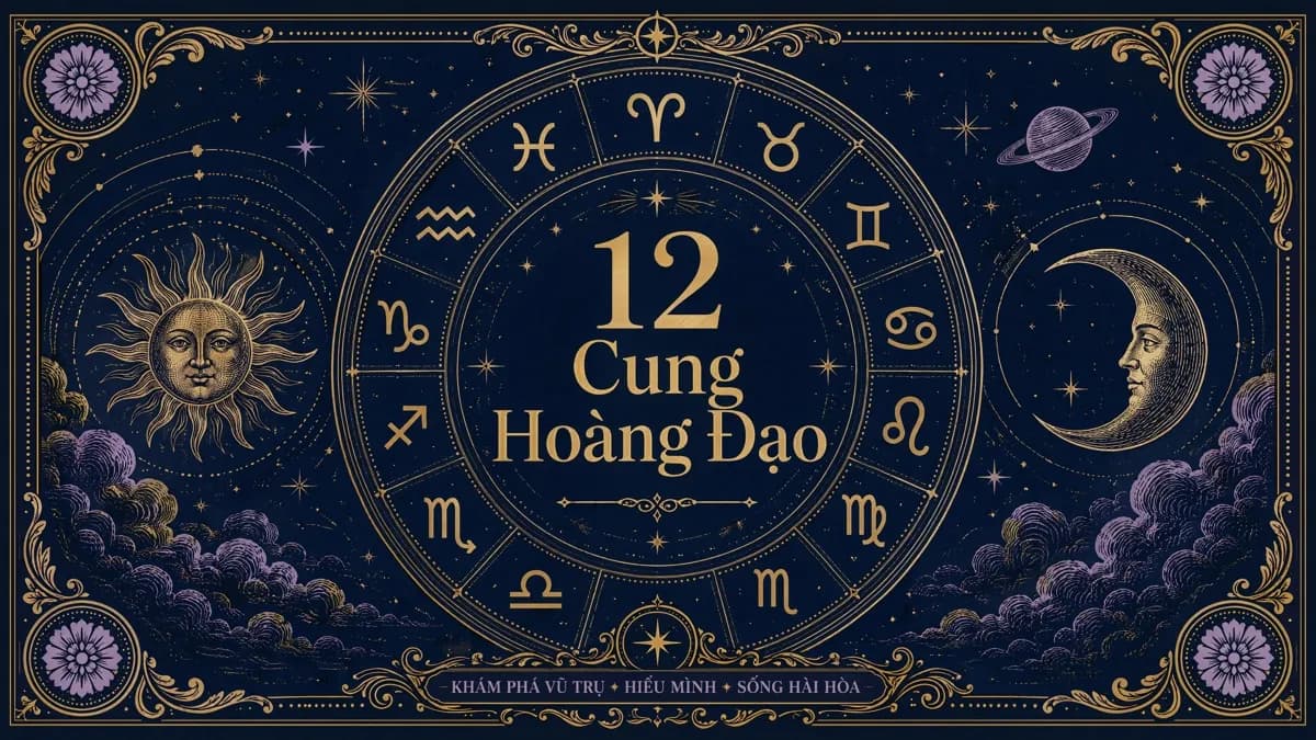 A branded card for the zodiac cluster, twelve astrological symbols arranged around an engraved sun and moon in navy and gold