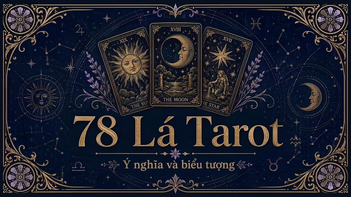 A branded share card reading '78 Lá Tarot' with three illustrated tarot cards — The Sun, The Moon, The Star — in navy and gold