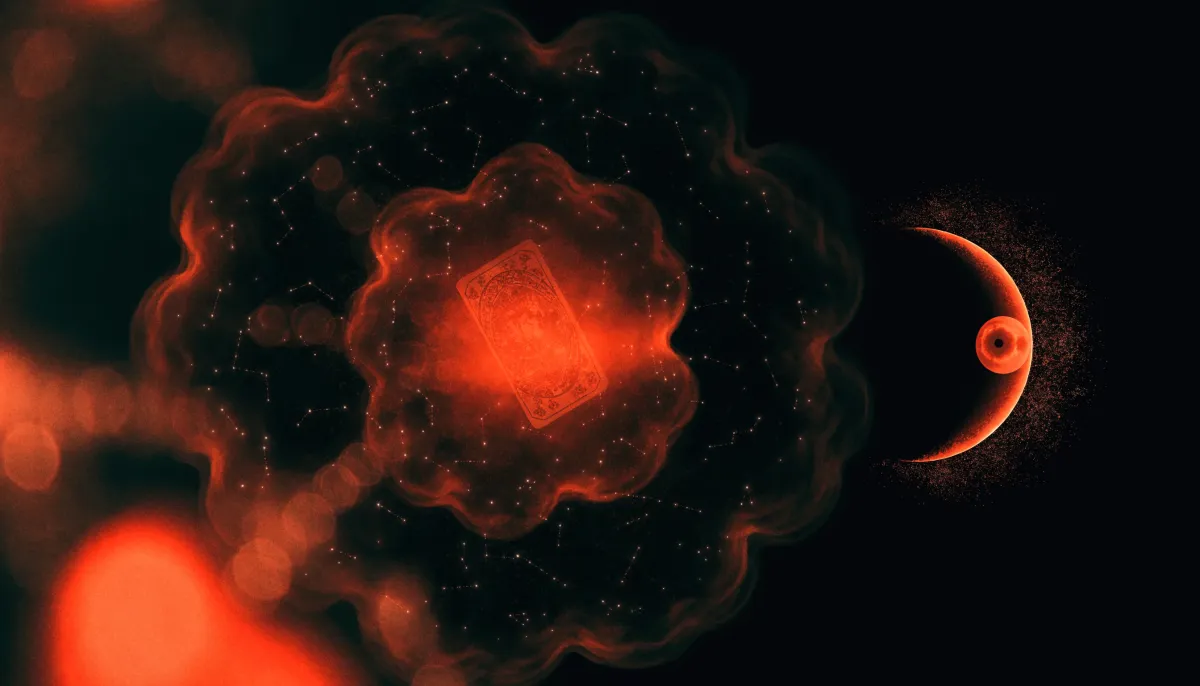 A glowing tarot card suspended in a cosmic cloud beside a crescent moon, in warm vermillion light on near-black