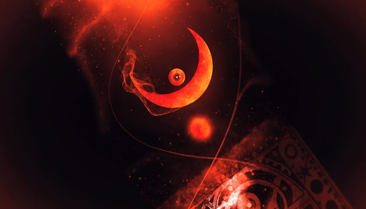 A crescent moon and a glowing eye orbited by thin lines, a tarot card edge catching vermillion light