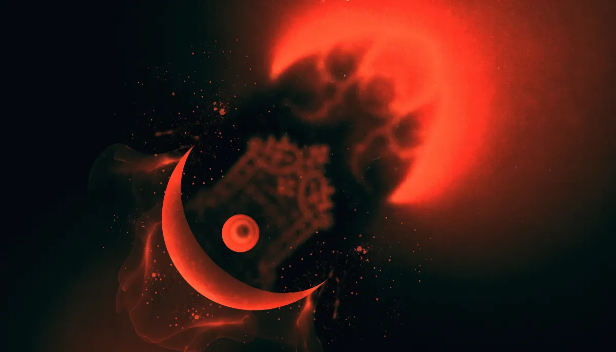 An ornate tarot card against a deep red celestial glow and a crescent moon, with cosmic dust drifting