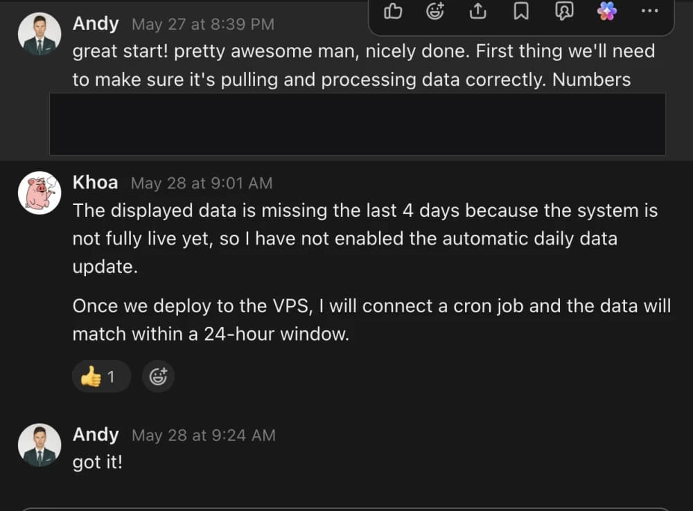 Message from Andy, founder of Sartoro: great start, pretty awesome man, nicely done.