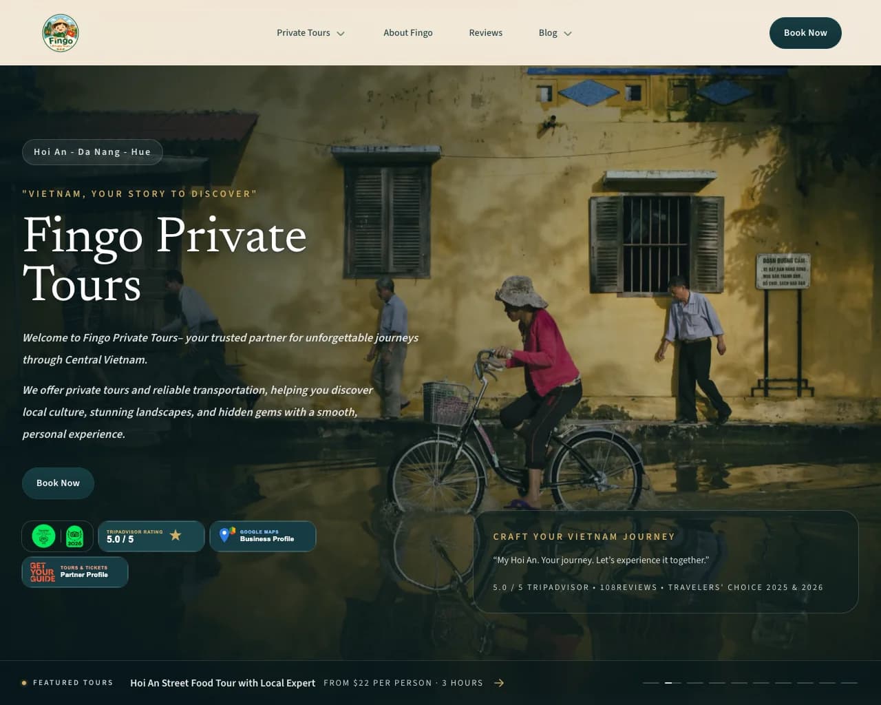 Fingo Private Tours' live homepage hero — a cyclist passing an old yellow Hoi An house beneath the headline 'Fingo Private Tours'