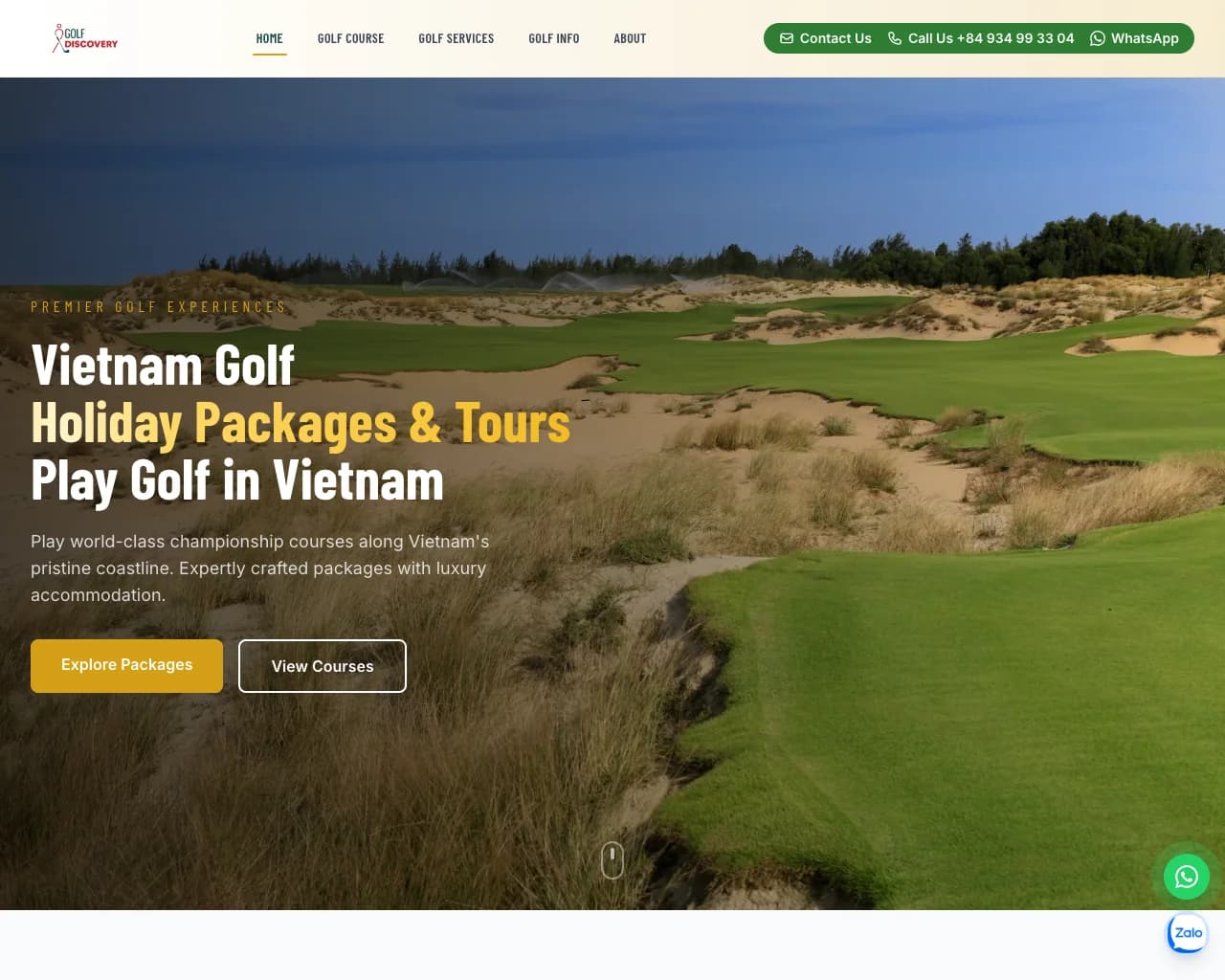 Golf Discovery's live homepage hero — a coastal links fairway framed by dunes beside the headline 'Vietnam Golf Holiday Packages & Tours'