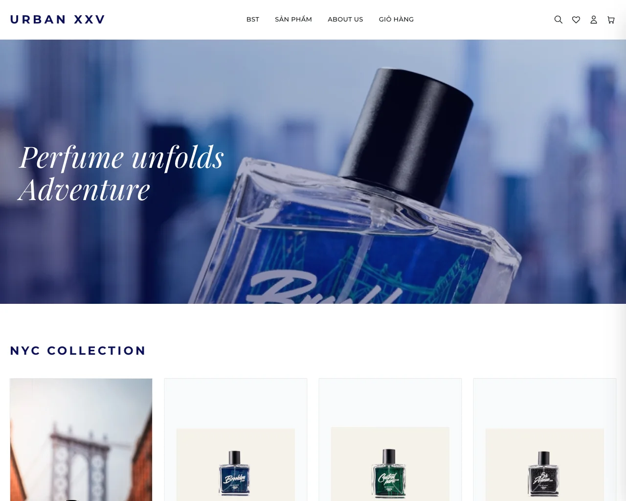 The URBAN XXV storefront hero — a Brooklyn perfume bottle against a blurred New York skyline under the line 'Perfume unfolds Adventure', with the NYC collection below